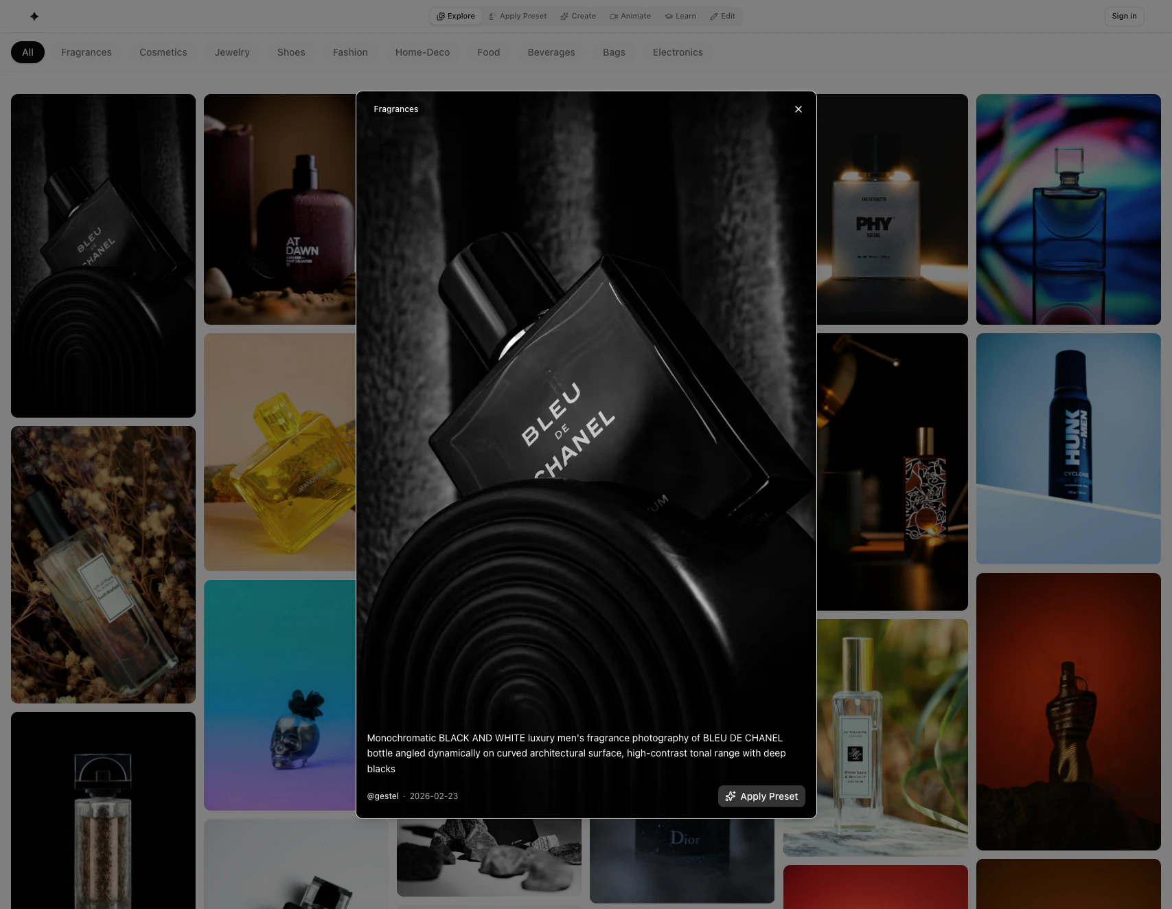 Image detail modal with the Apply Preset button