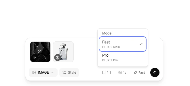 Model selector with Fast (FLUX.2 Klein) and Pro (FLUX.2 Pro) options