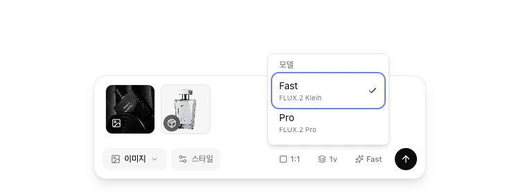 Fast (FLUX.2 Klein)와 Pro (FLUX.2 Pro) 옵션이 있는 모델 선택기