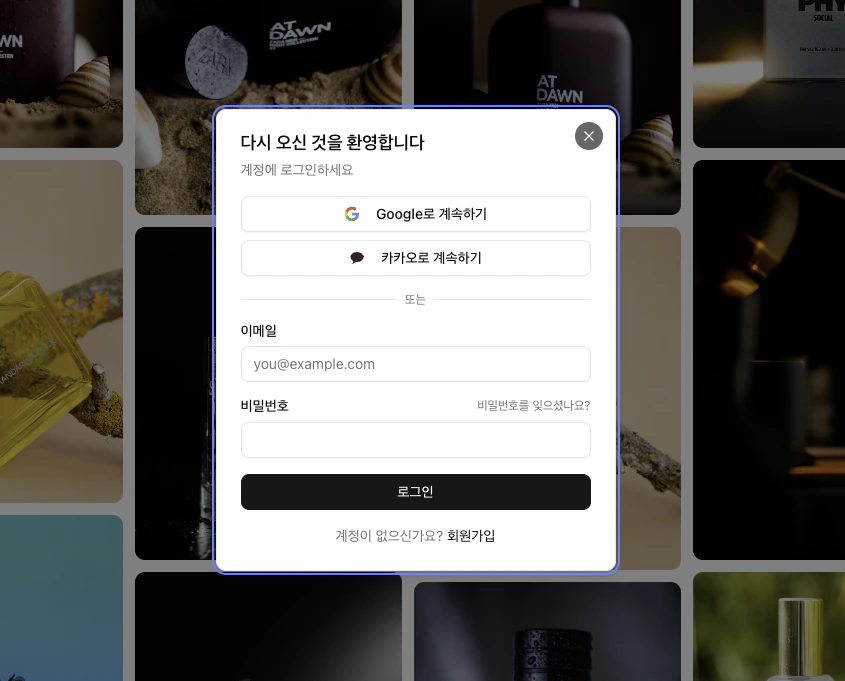 Google, Kakao, 이메일 옵션이 있는 로그인 다이얼로그