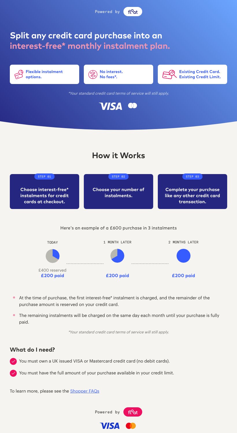 The How it works modal with the Powered by Float badge, UK copy, and a worked example showing £200 paid today with £400 reserved, then £200 one and two months later