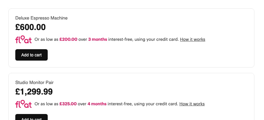 Two product cards, each showing the Float logo and 'Or as low as £200.00 over 3 months interest-free' and '£325.00 over 4 months' respectively