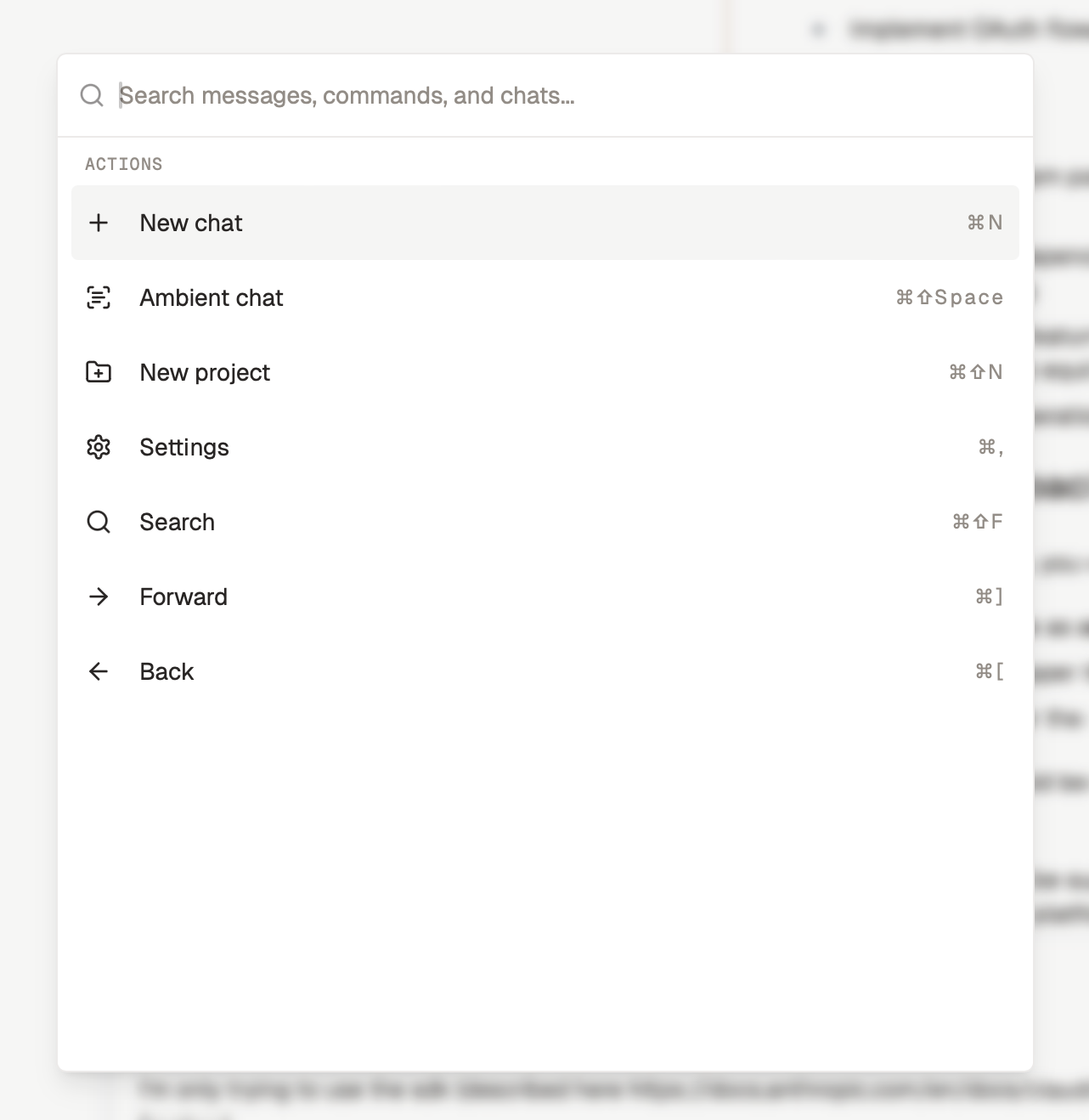 Command palette showing search and navigation options