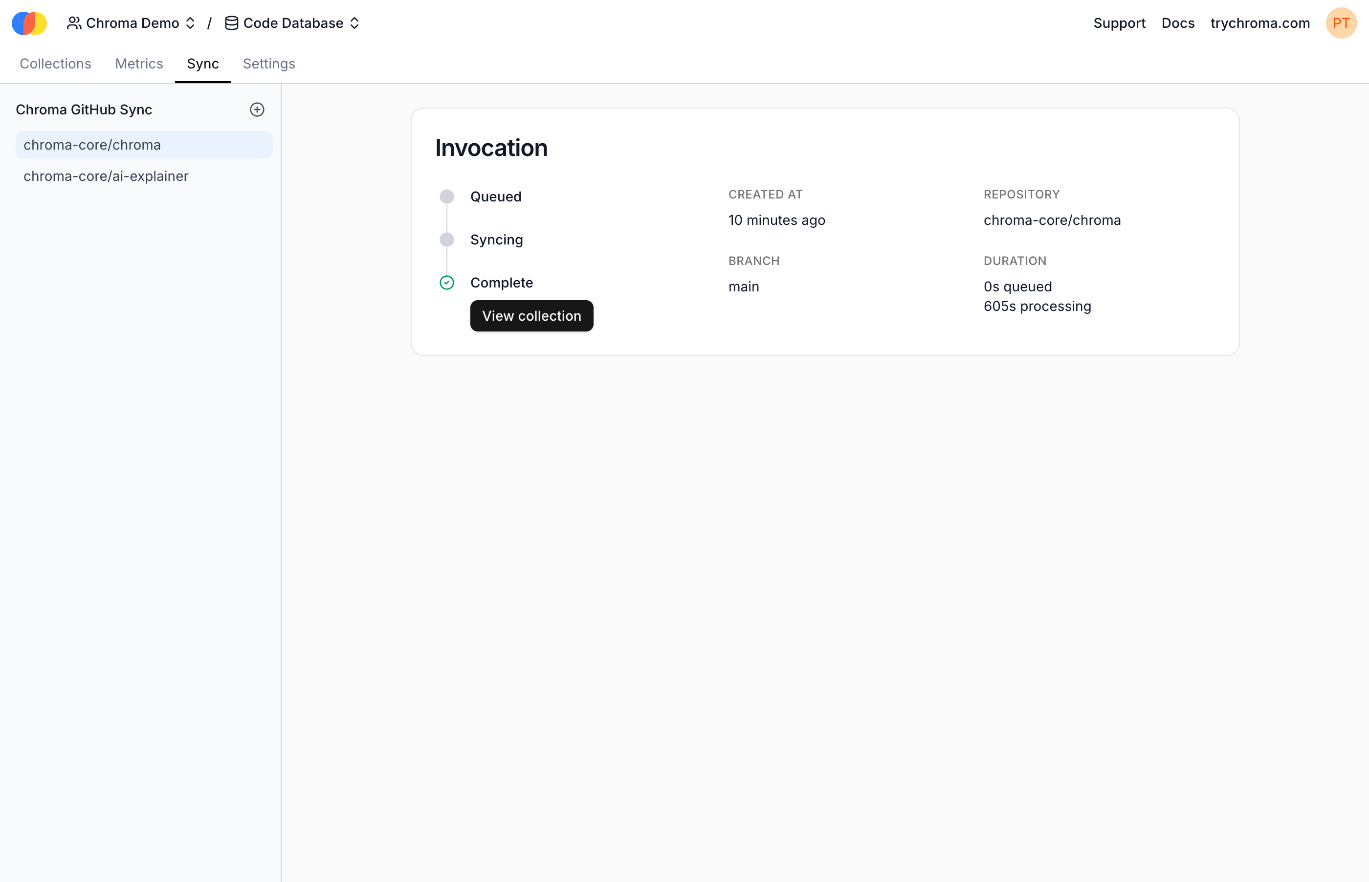 Invocation screen for a Sync