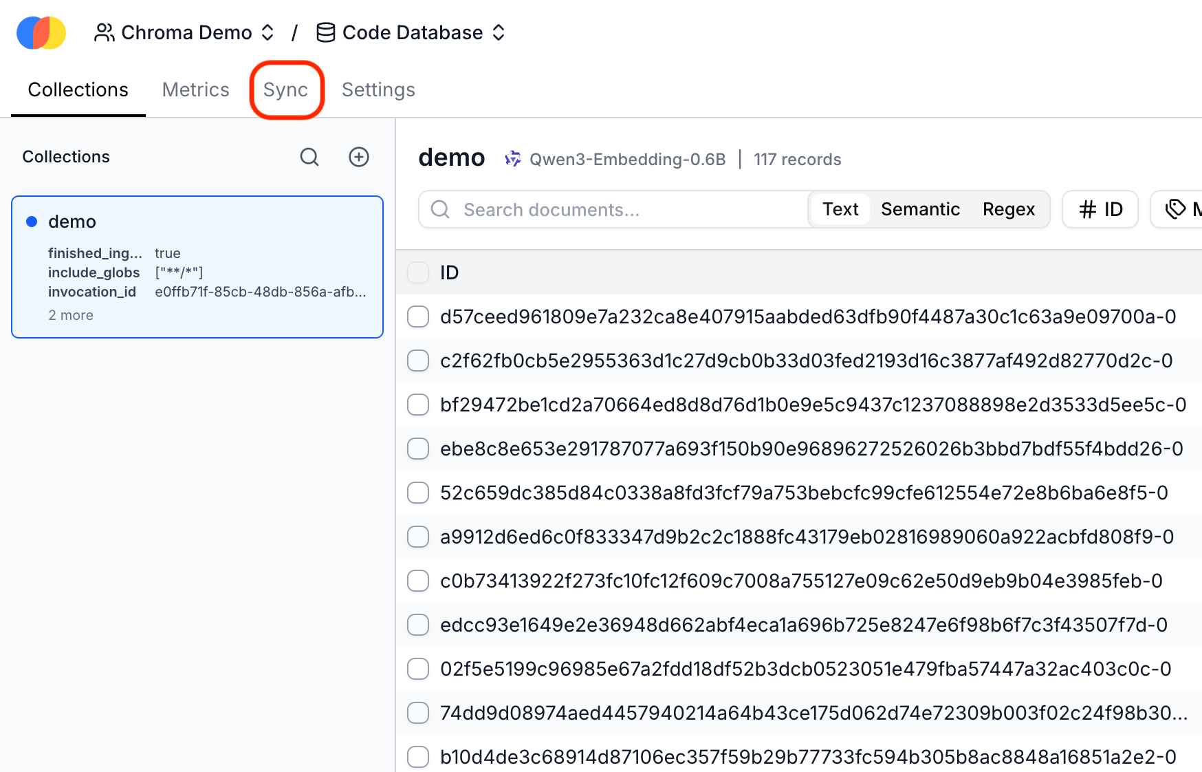 /sync tab in Chroma Cloud UI