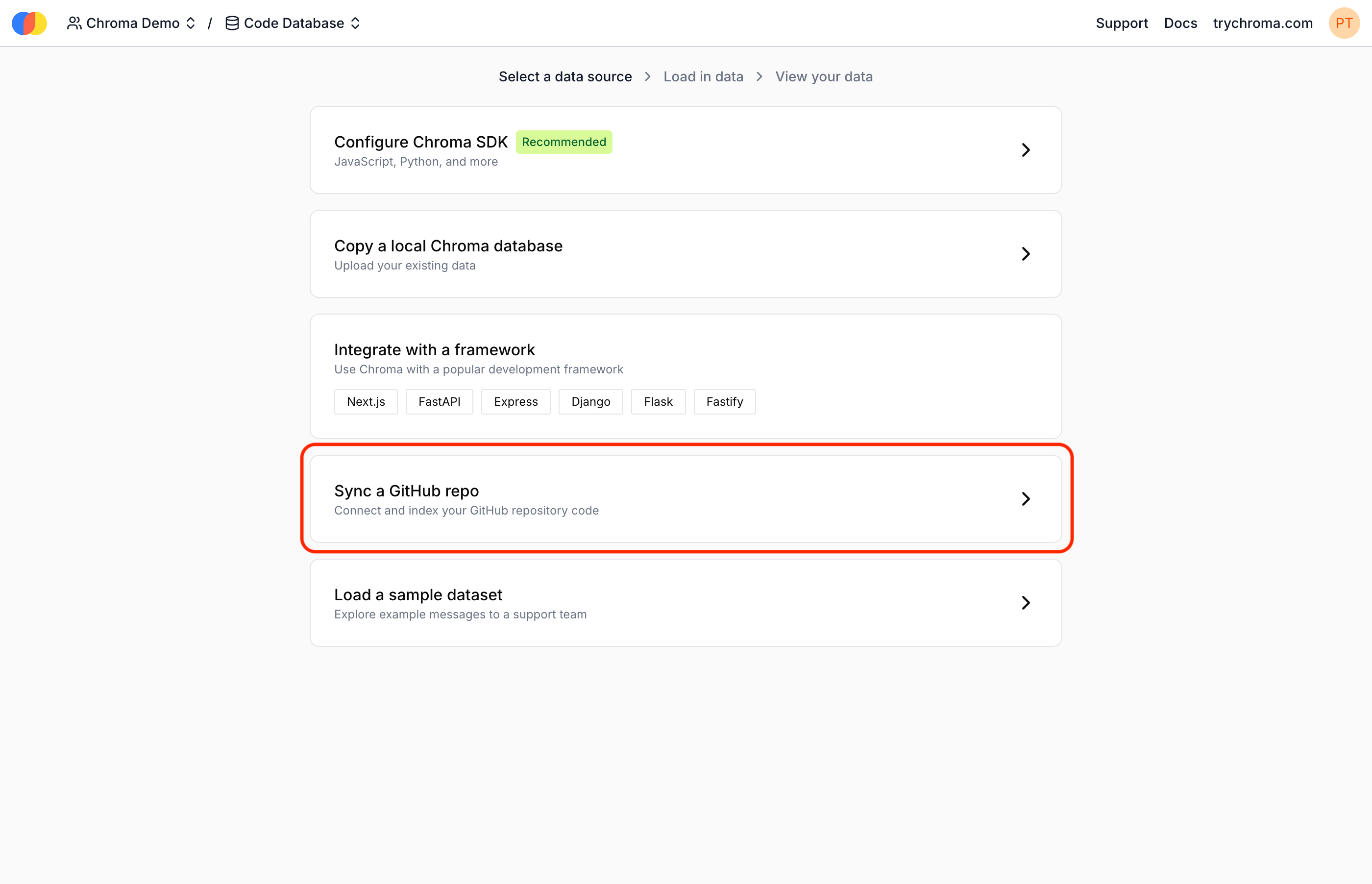 Onboarding screen for syncing a GitHub repo