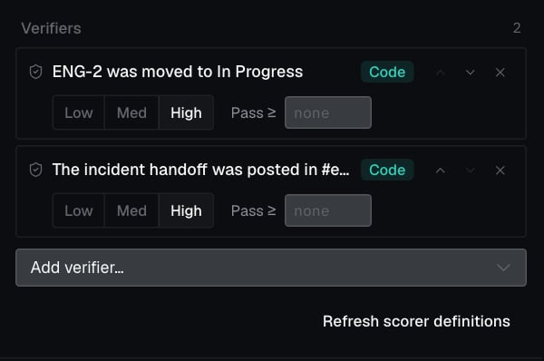 Verifiers section with two attached code scorers, Add verifier, and Refresh scorer definitions.