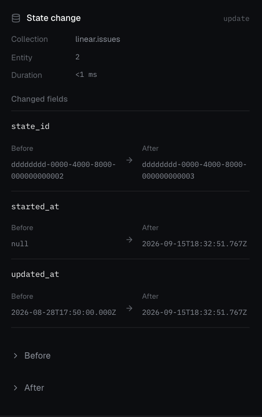 State change inspector showing the linear.issues state_id changing from an ID ending 0002 to one ending 0003, plus started_at and updated_at changes.