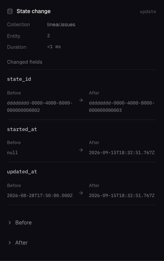 State change inspector showing the linear.issues state_id changing from an ID ending 0002 to one ending 0003, plus started_at and updated_at changes.