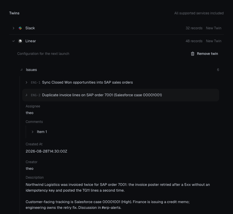 Draft Linear issue ENG-2 with its duplicate-invoice description and cross-service references