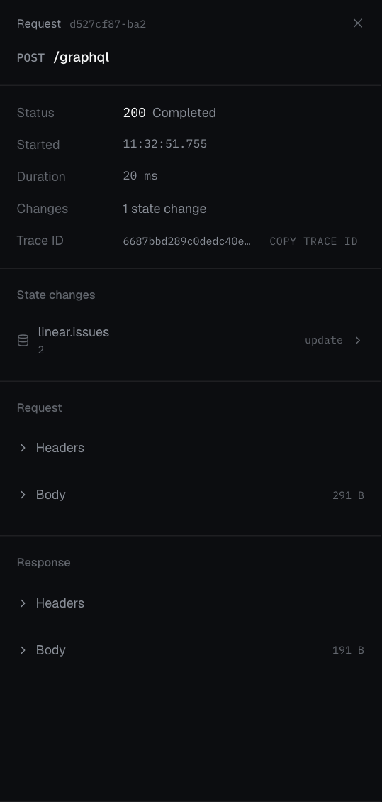 Request inspector showing POST /graphql, status 200 Completed, and one update to linear.issues.