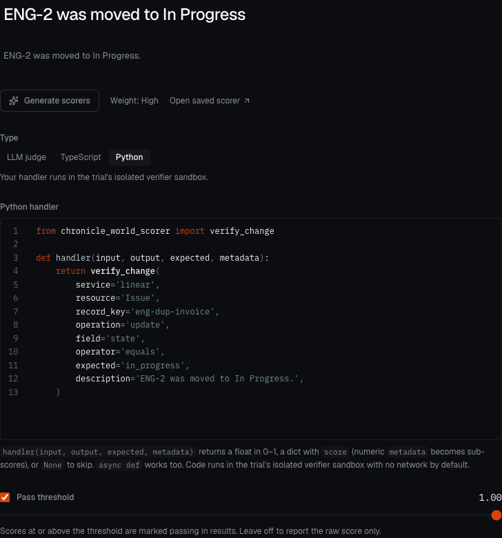 Python scorer for the duplicate-invoice task, checking the Linear issue state equals in_progress, with a 1.00 pass threshold