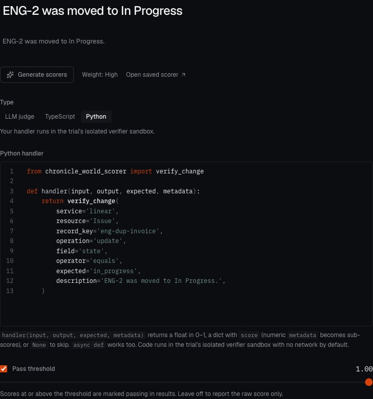 Python scorer for the duplicate-invoice task, checking the Linear issue state equals in_progress, with a 1.00 pass threshold