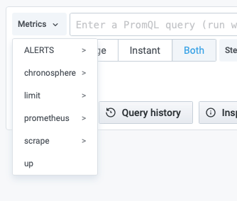 The Metrics menu showing a hierarchical list of metrics grouped by prefix.
