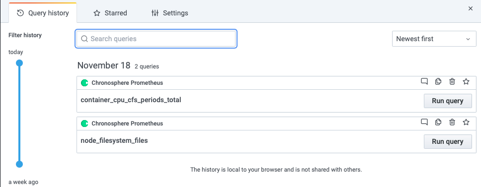 The Query history panel listing previously run queries.