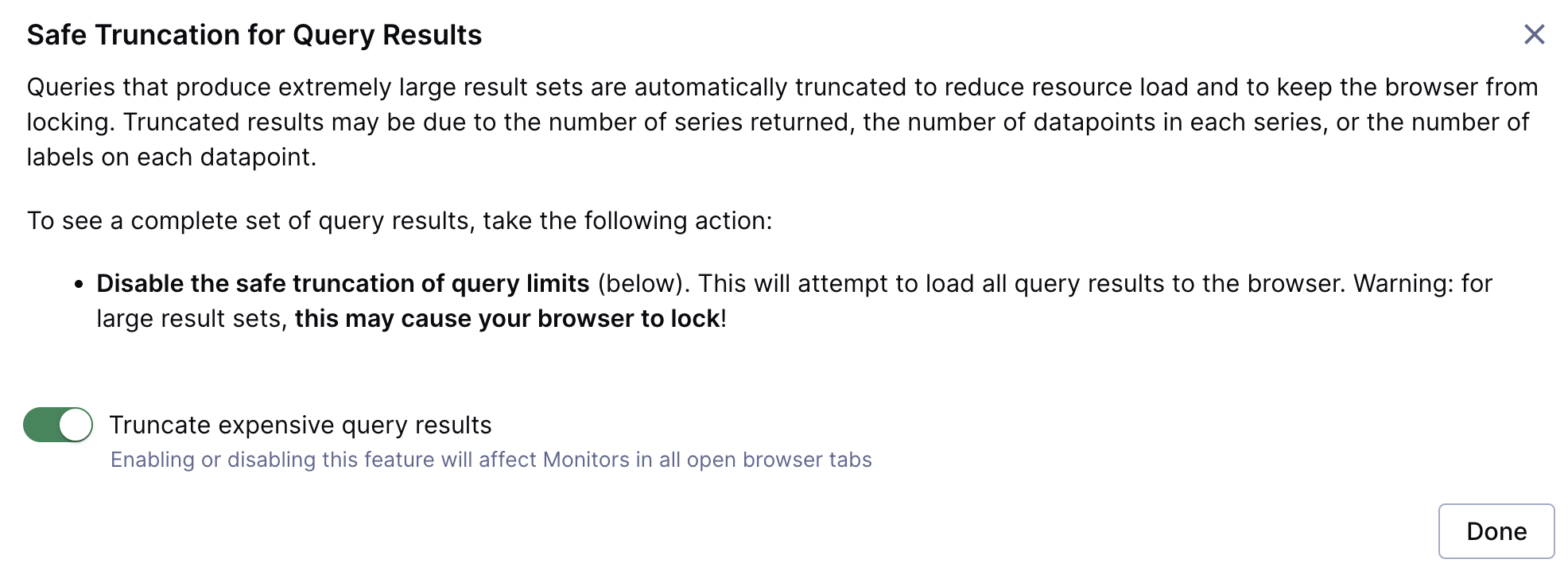 The Options dialog with the Truncate expensive query results toggle.