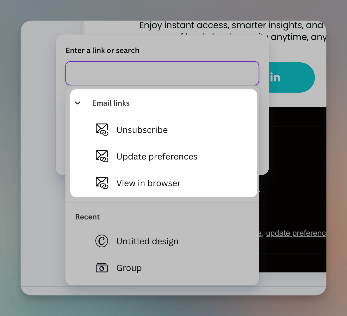 Canva's link picker showing Email links options: Unsubscribe, Update preferences, and View in browser
