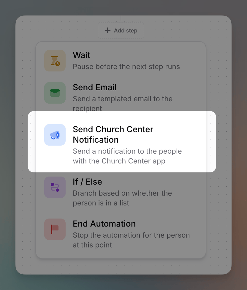 Configuring a Send Church Center Notification step in the automation builder