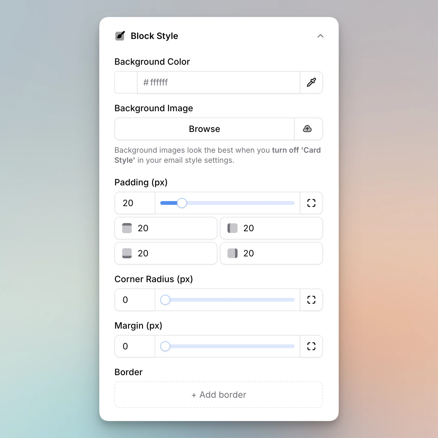 Block Style panel showing background, padding, corner radius, margin, and border settings