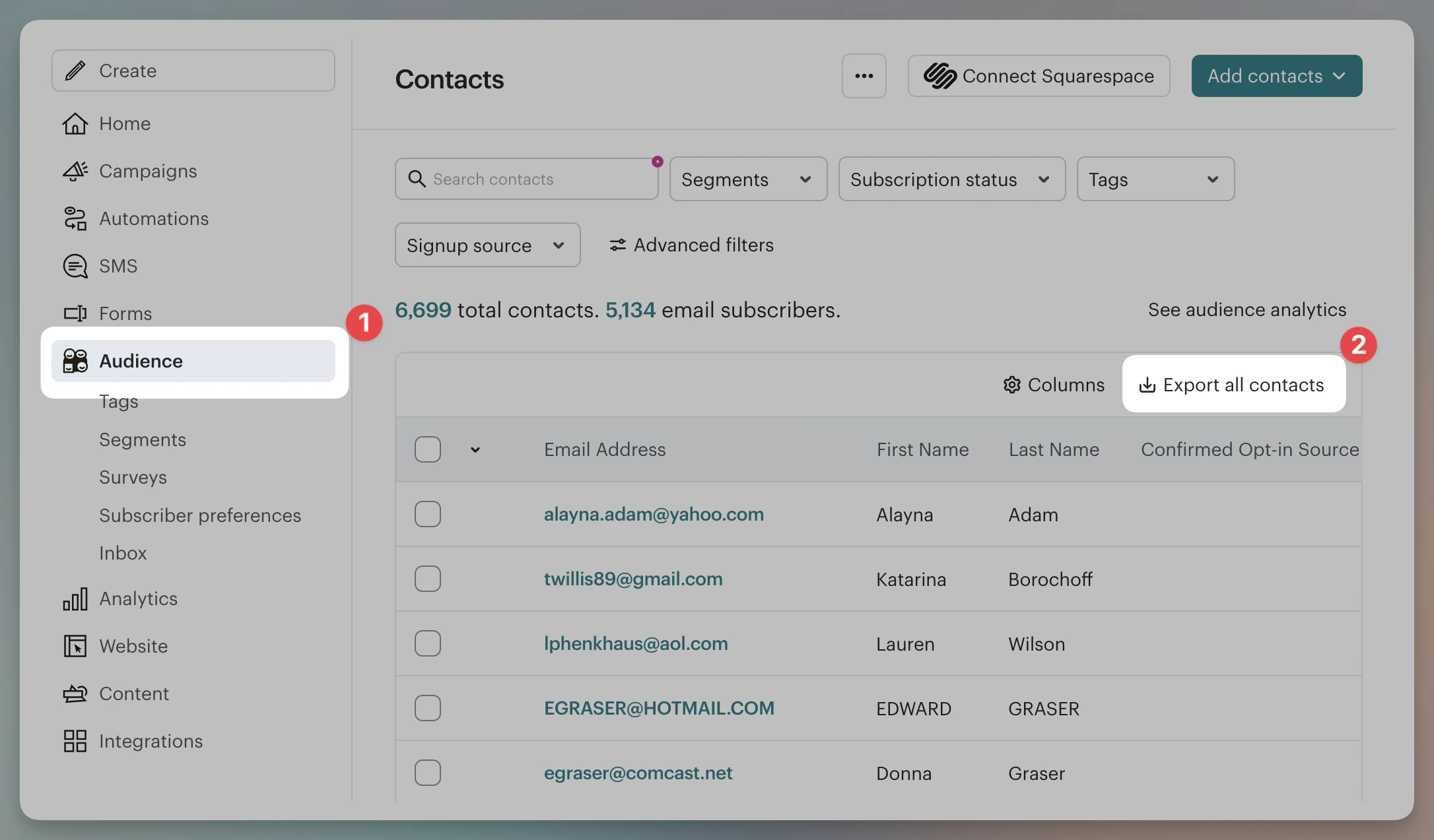 Mailchimp Audience page showing the Audience sidebar item and Export all contacts button