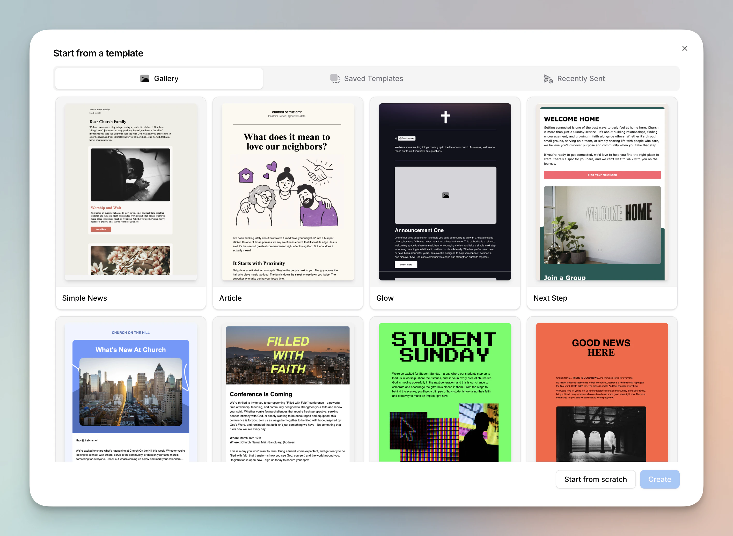Template gallery showing pre-designed email templates