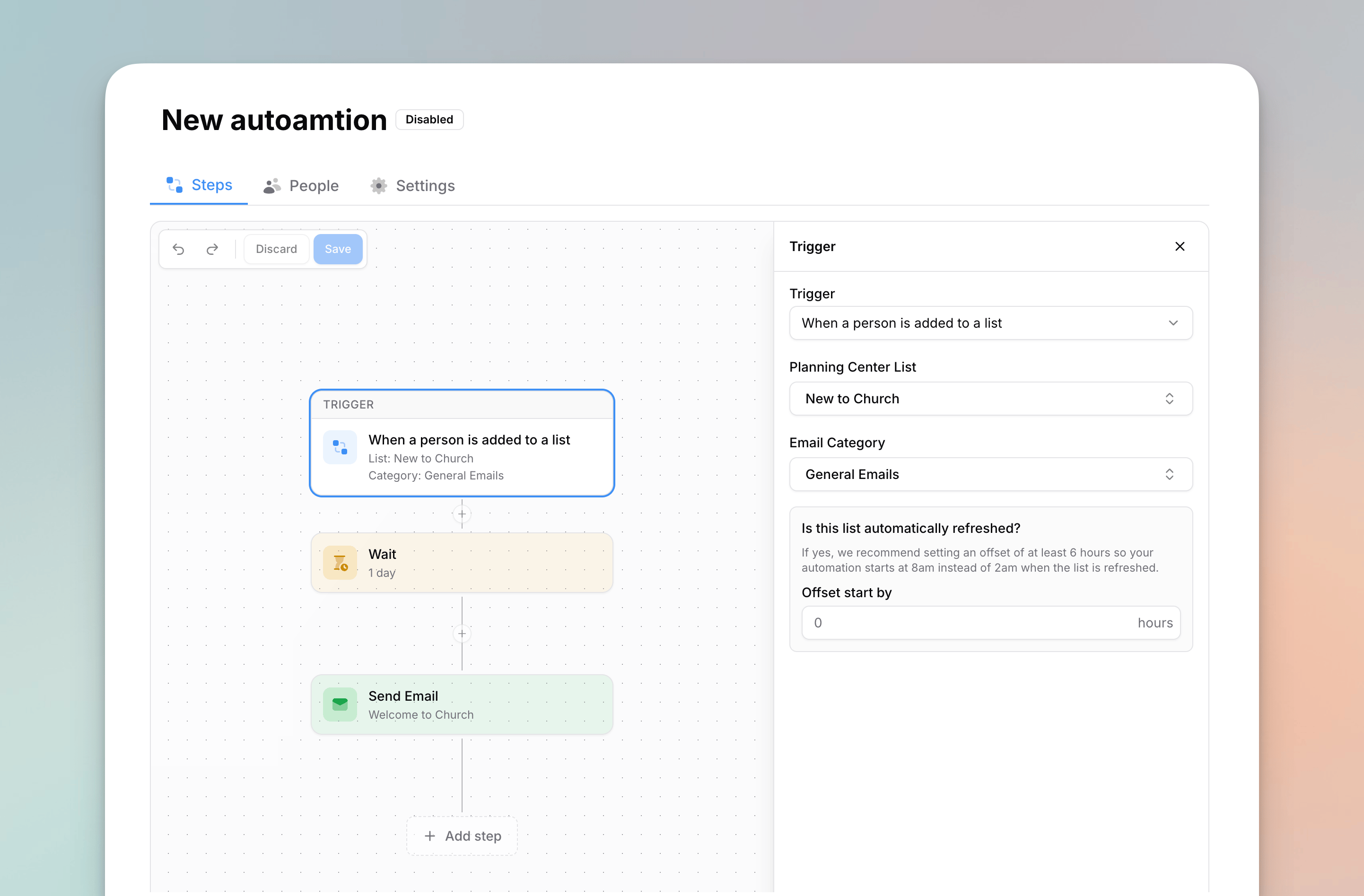 The automation builder canvas with a trigger and steps