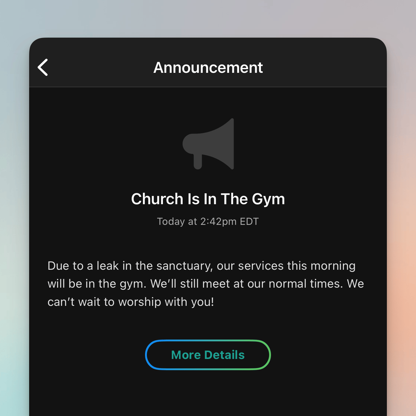 Church Center app showing the full notification with a More Details button