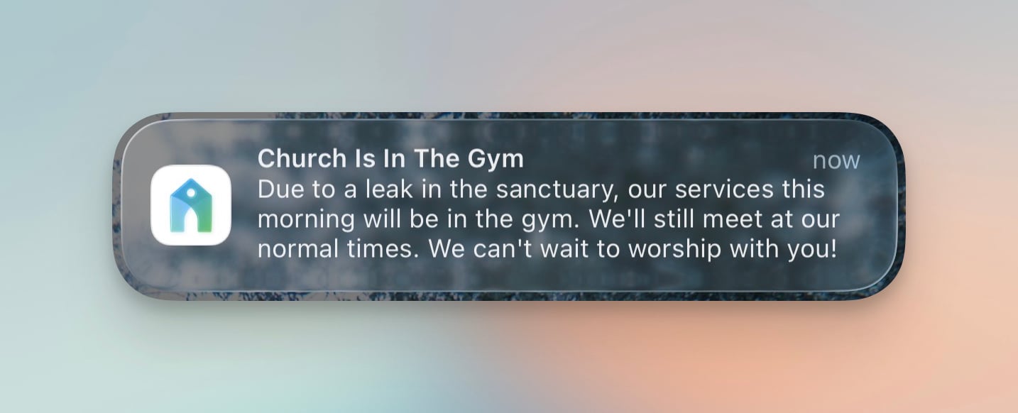 Church Center push notification showing the notification title and body