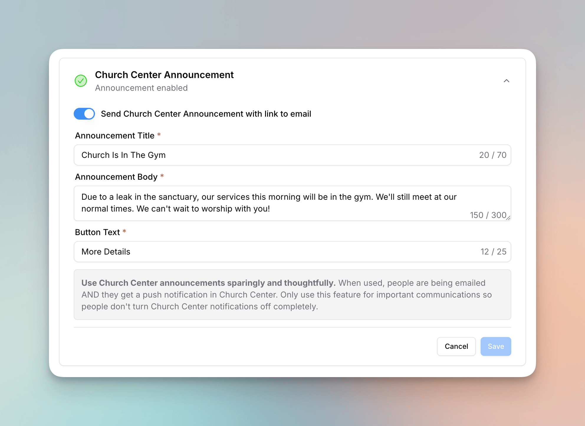 Church Center Notification form with title, body, and button text fields