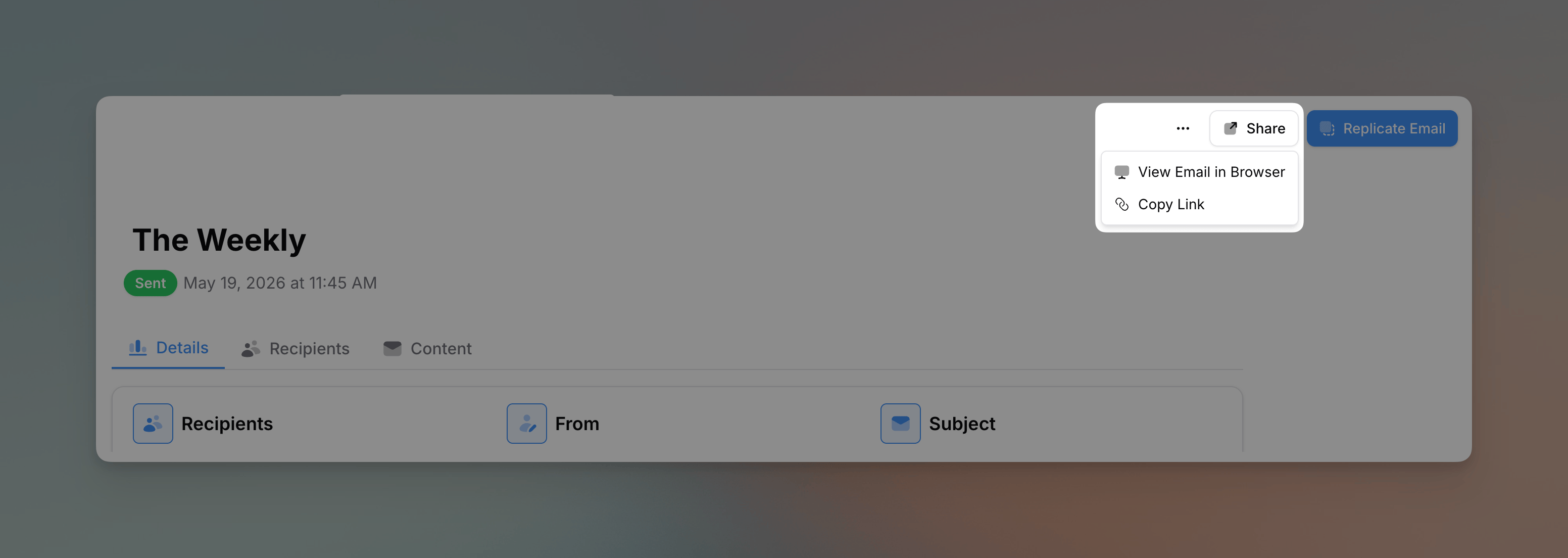 Share button dropdown showing View Email in Browser and Copy Link options