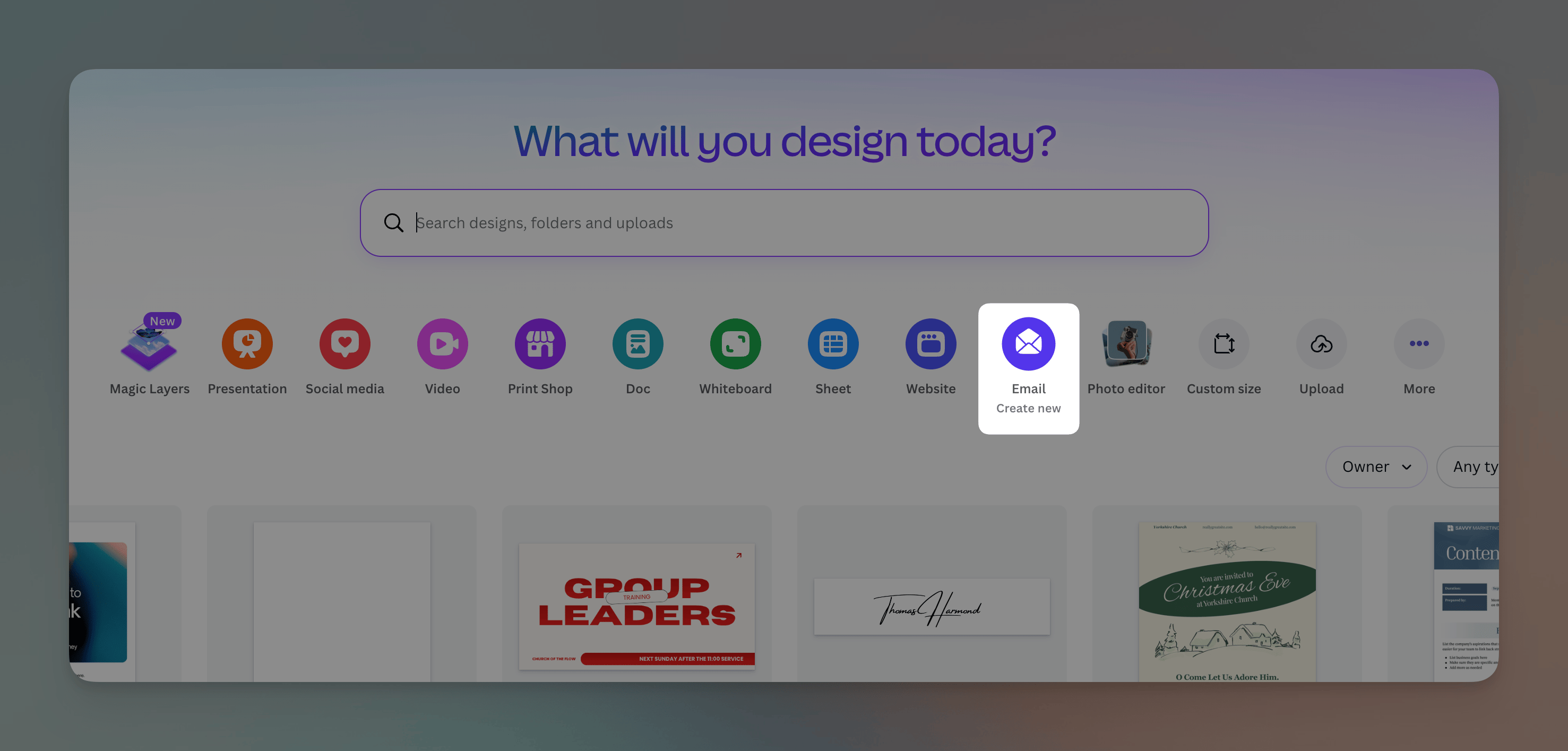 Canva homepage with the Email design type highlighted