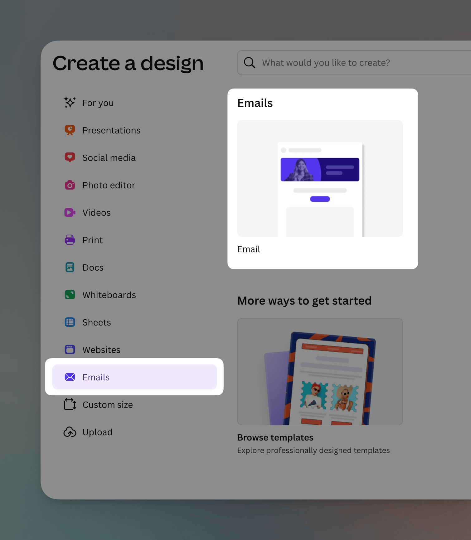 Canva's Create a design menu with the Emails option selected