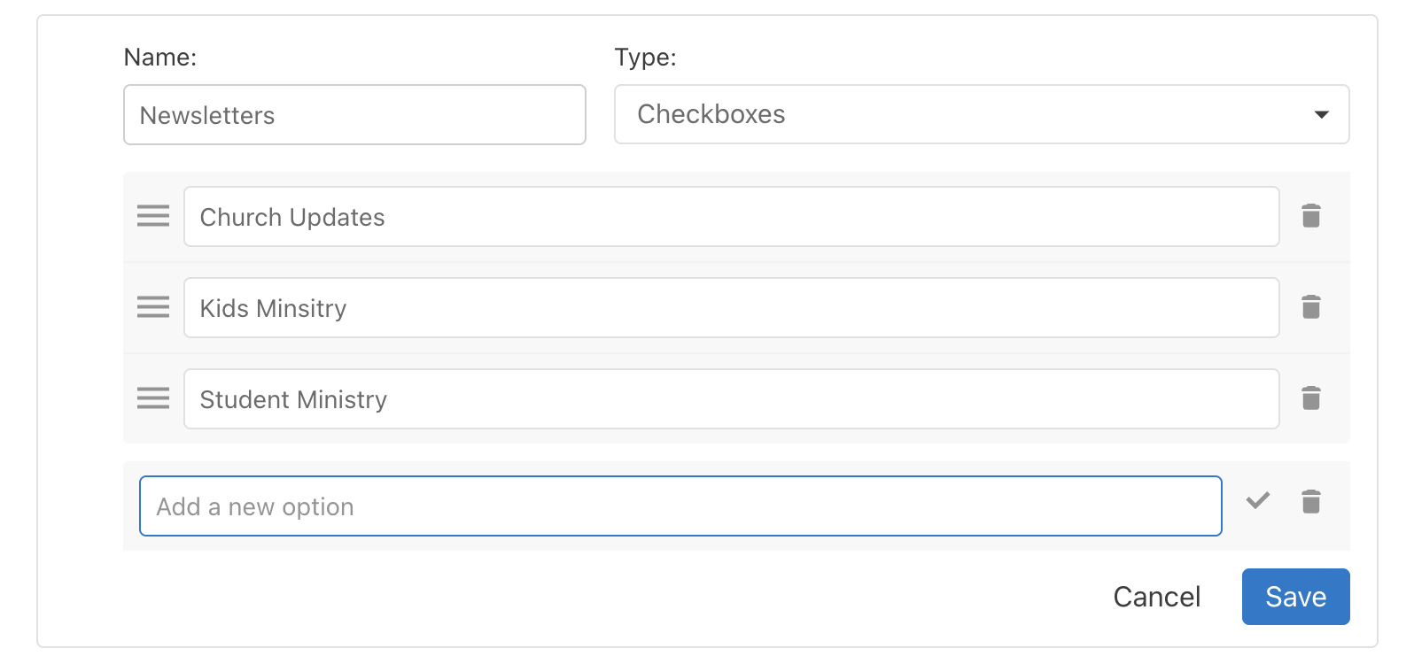 Creating a custom checkboxes field in Planning Center