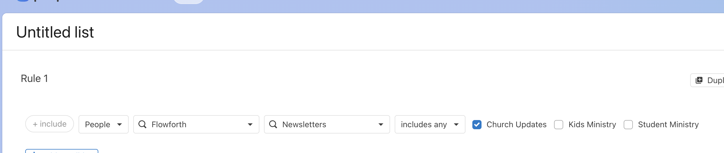 Planning Center list rule example showing a checkboxes field filter