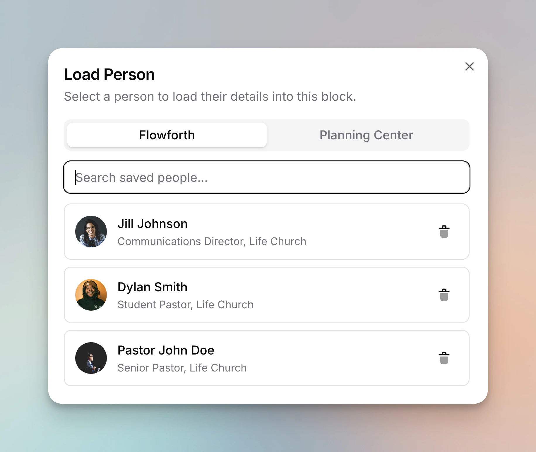 Load Person dialog showing saved people with search and Planning Center tabs