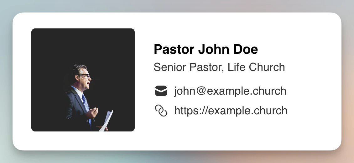 Person block showing a profile with avatar, name, subtitle, and links