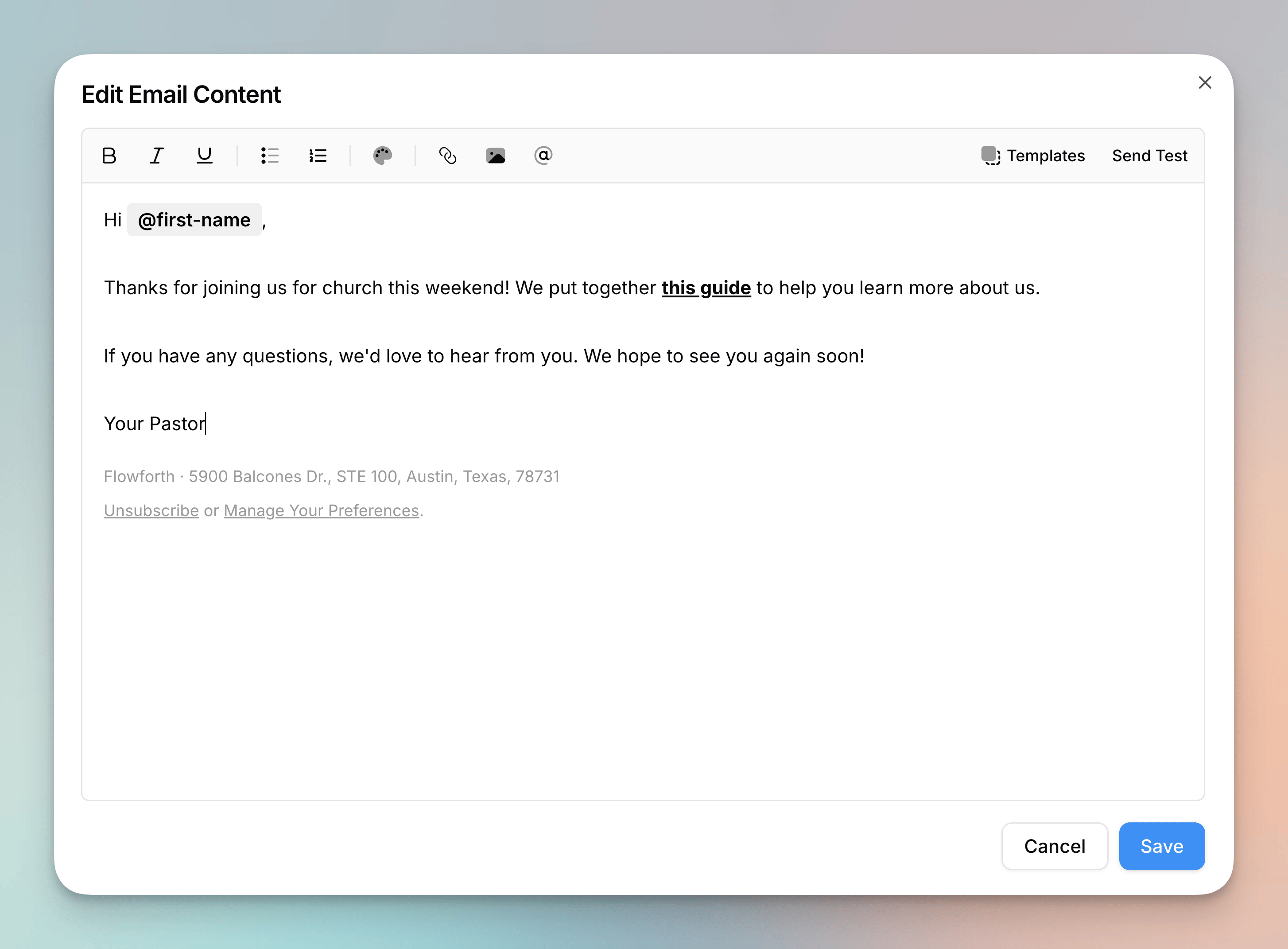 Simple email editor with formatting toolbar and merge tags