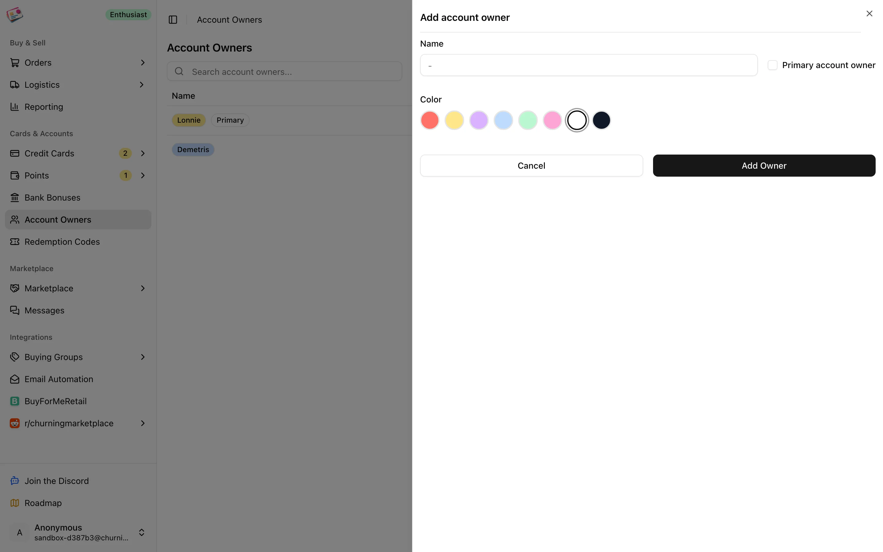 The Add account owner form with the color picker and primary checkbox