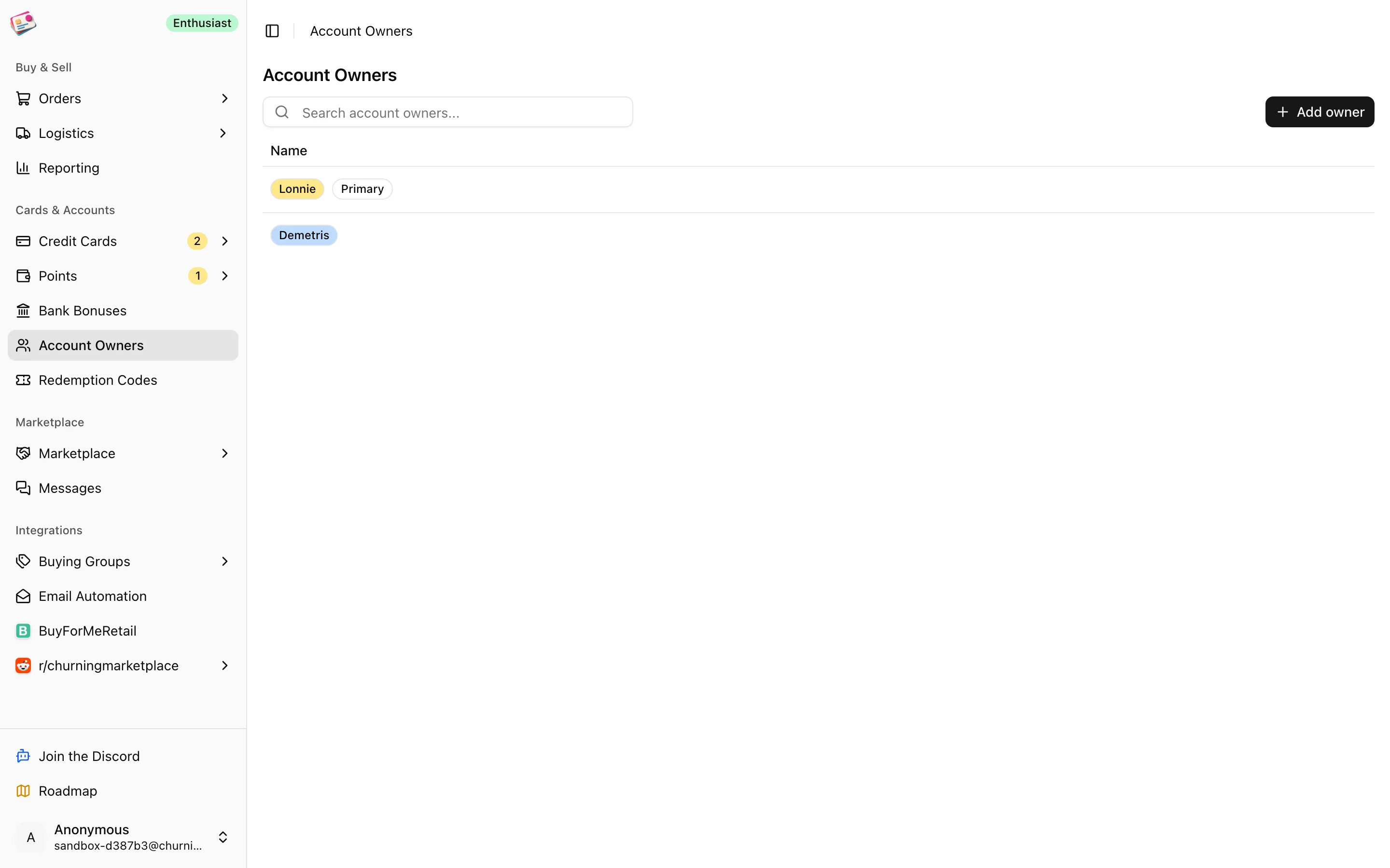 The Account Owners page