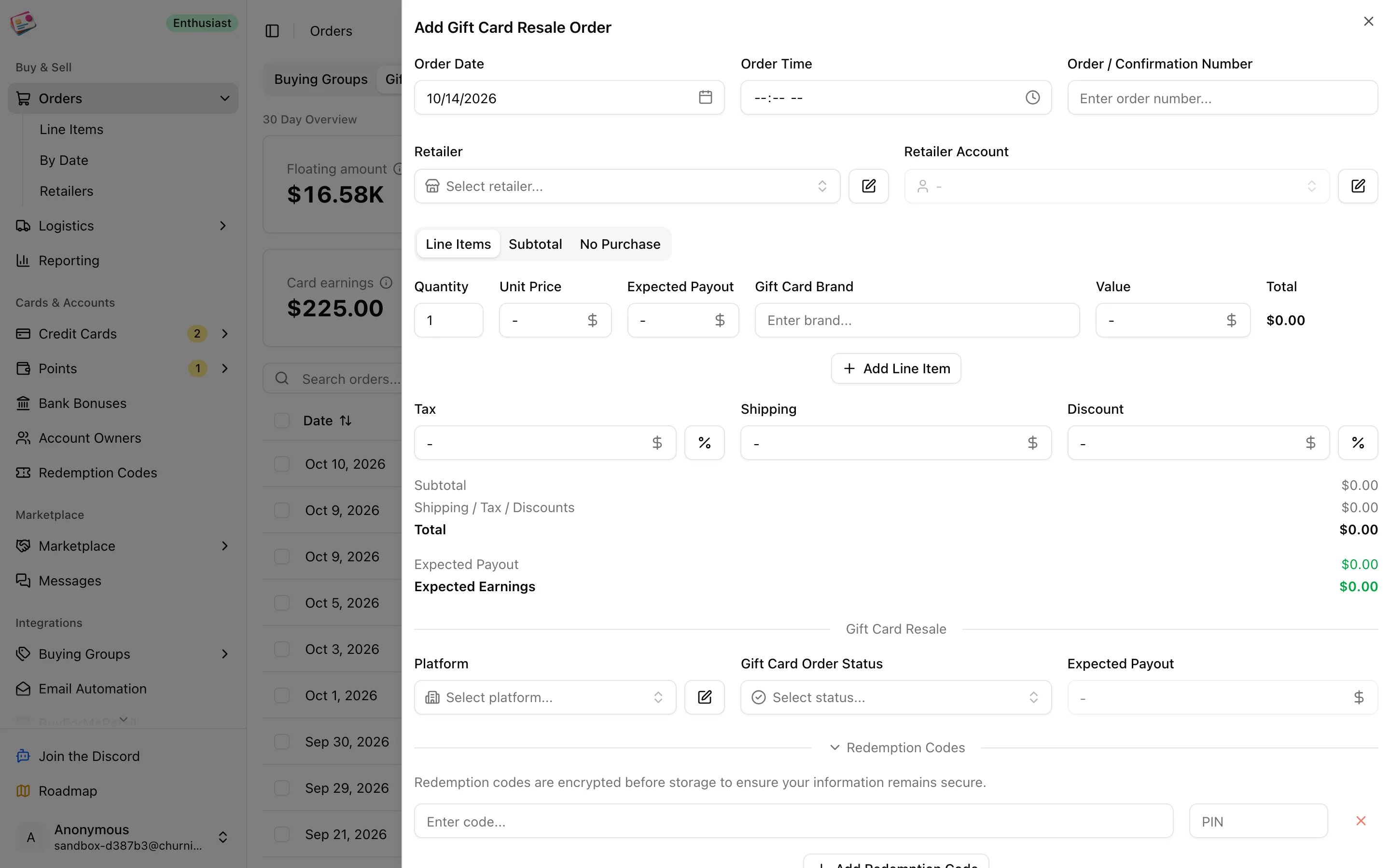 The Add Gift Card Resale Order form