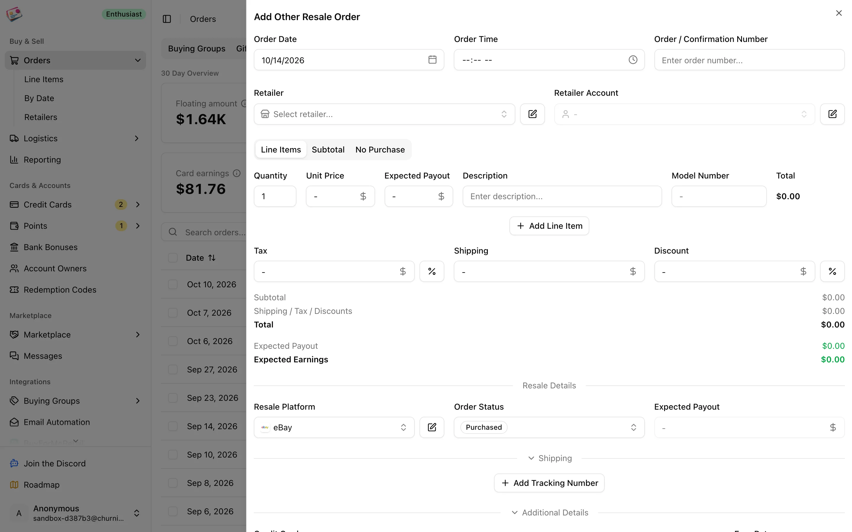 The Add Other Resale Order form