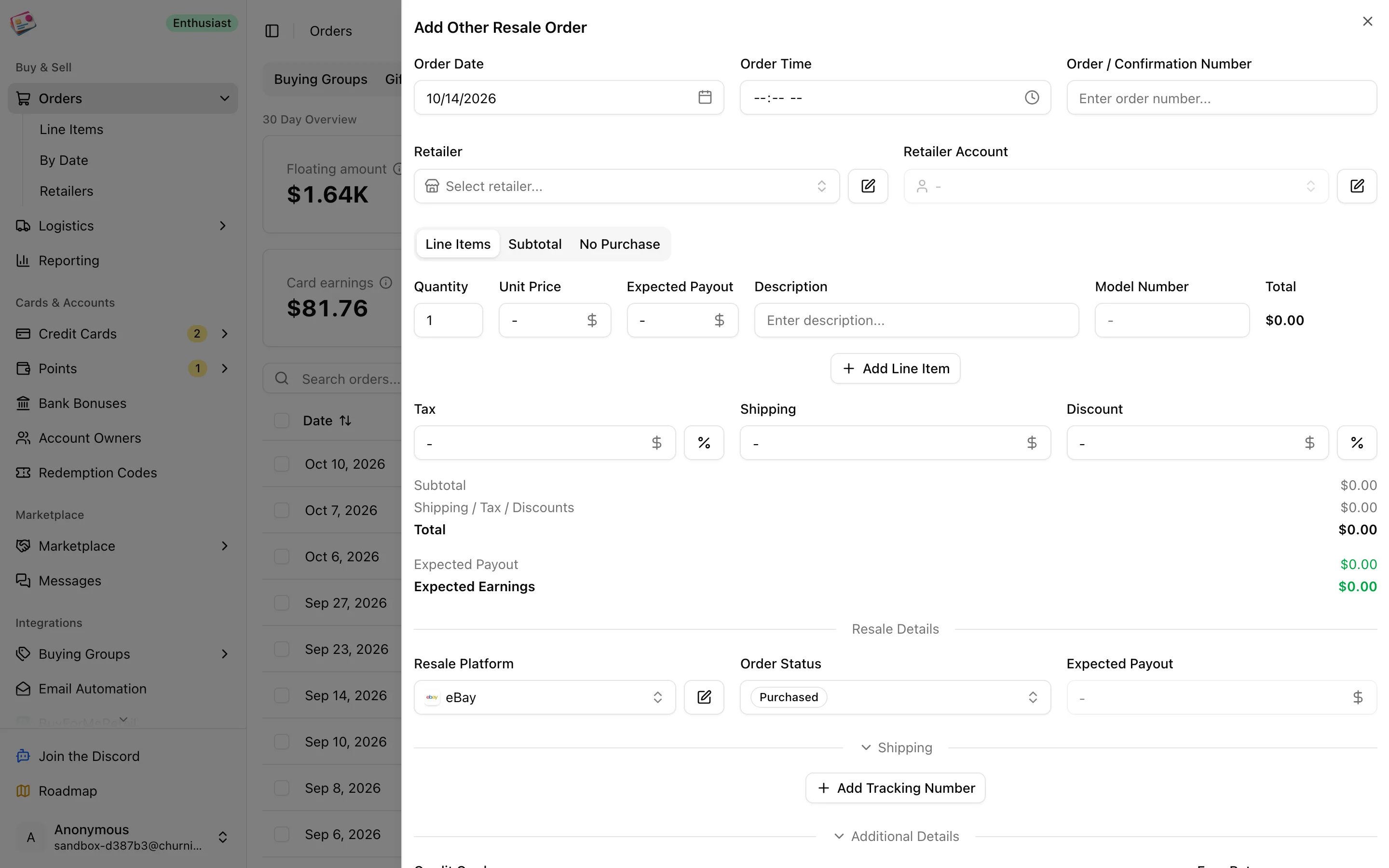 The Add Other Resale Order form