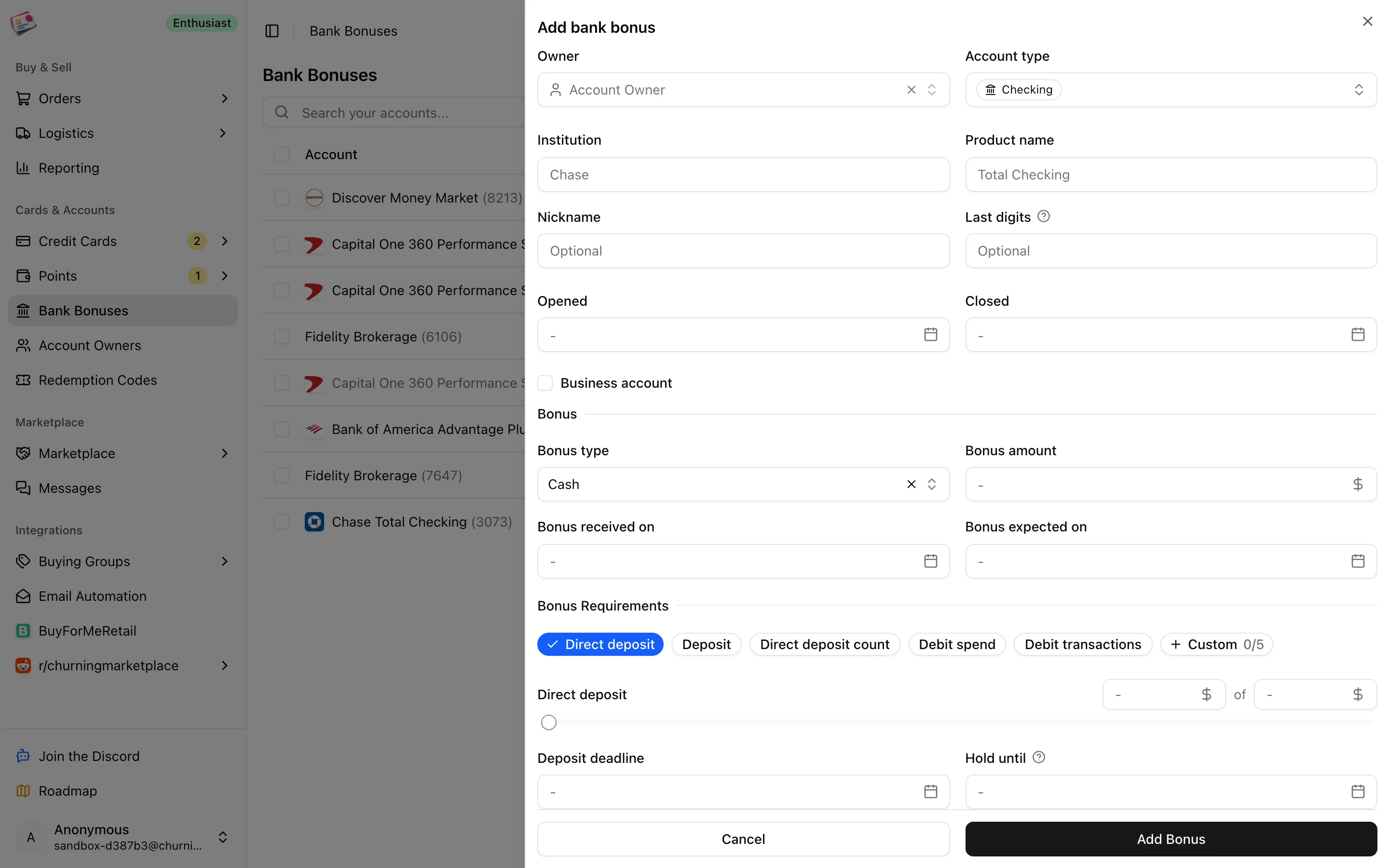 The Add bank bonus form with requirement toggles