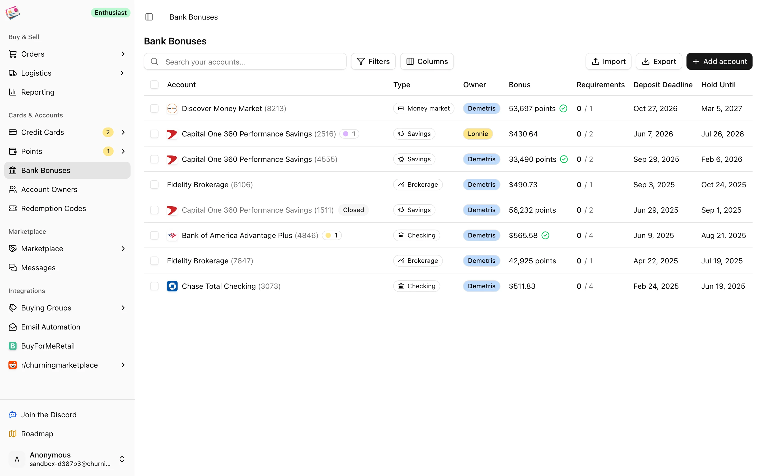 The Bank Bonuses page with requirements progress per account