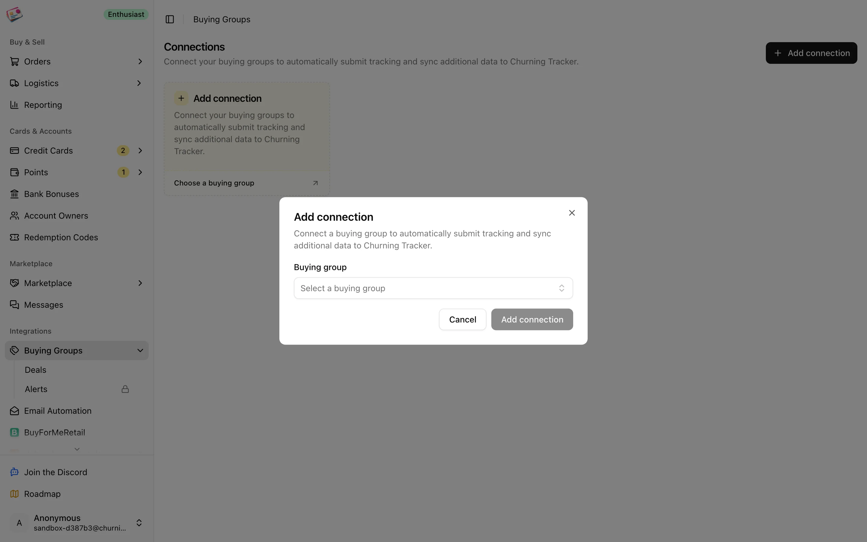 The Add connection dialog with the buying group picker and credential fields