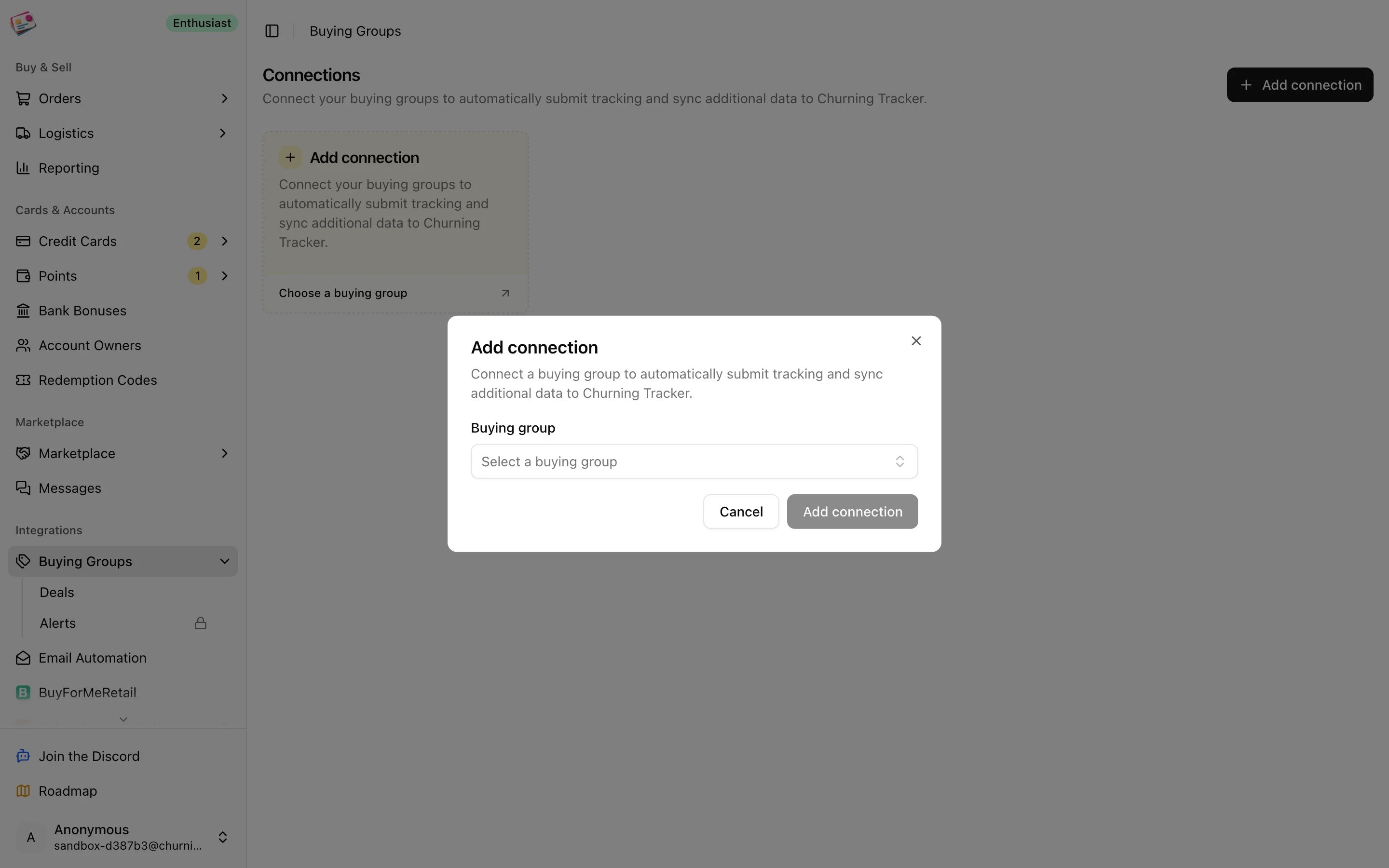 The Add connection dialog with the buying group picker and credential fields