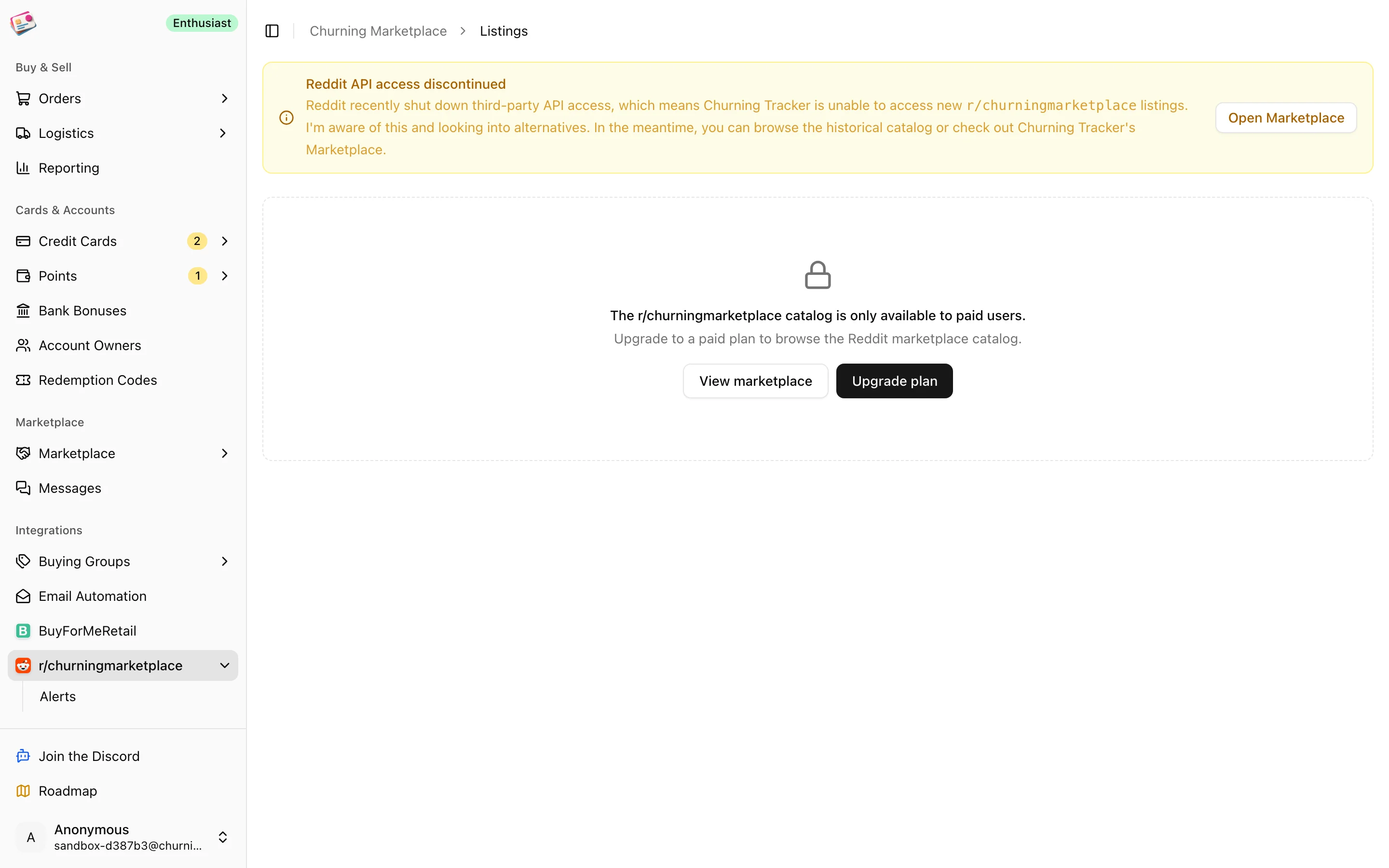 The r/churningmarketplace catalog with the Reddit API notice
