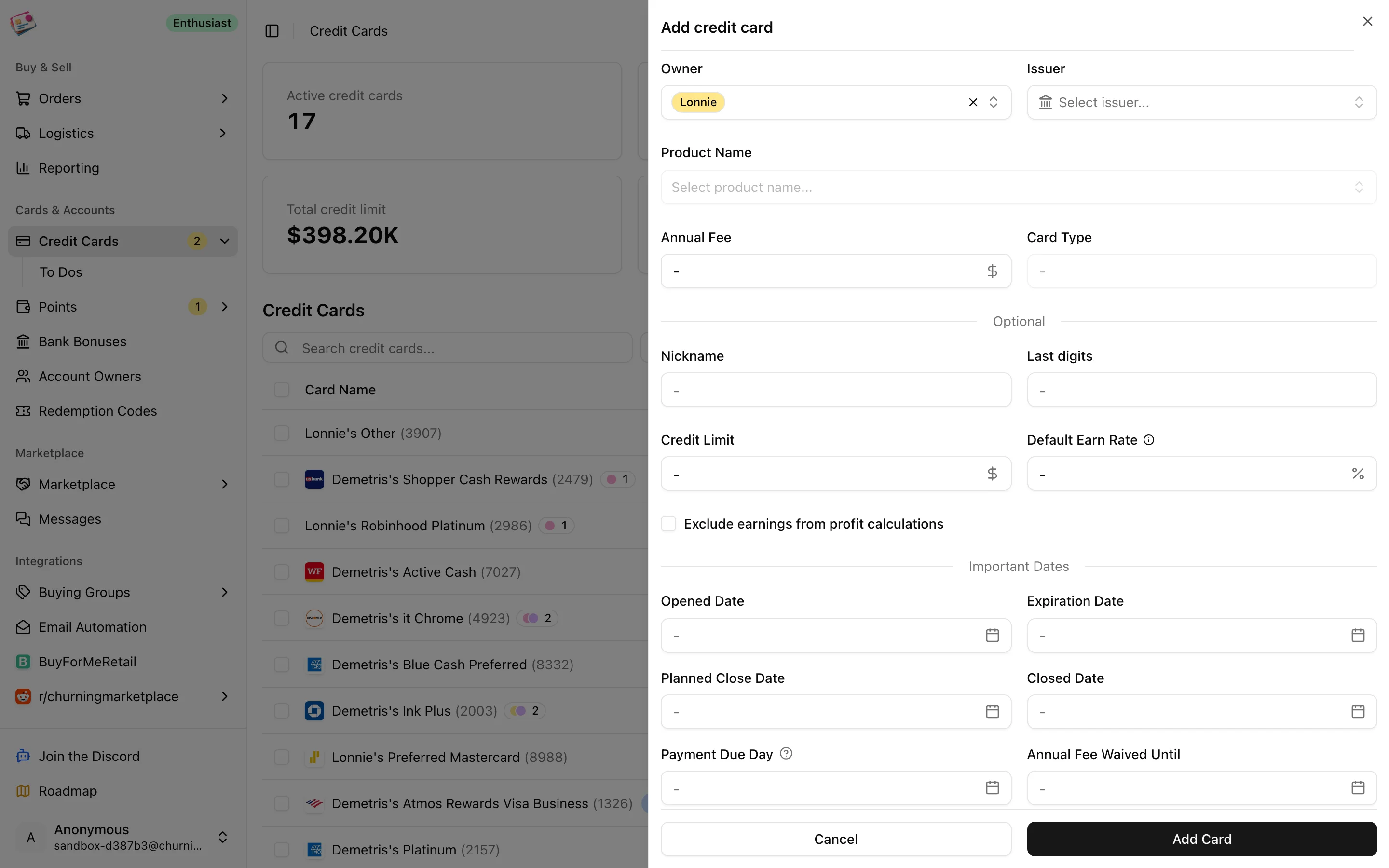 The Add credit card form