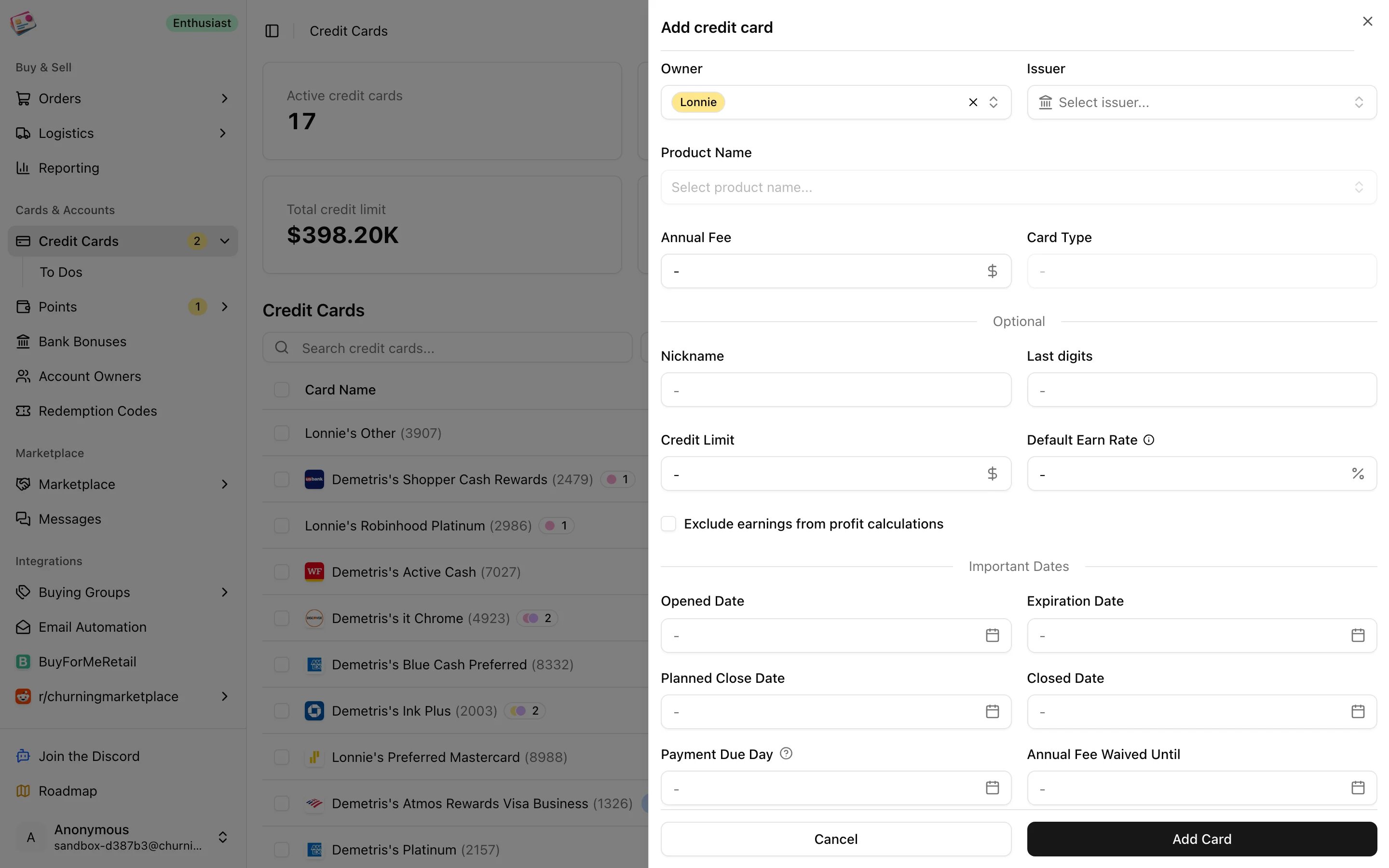The Add credit card form