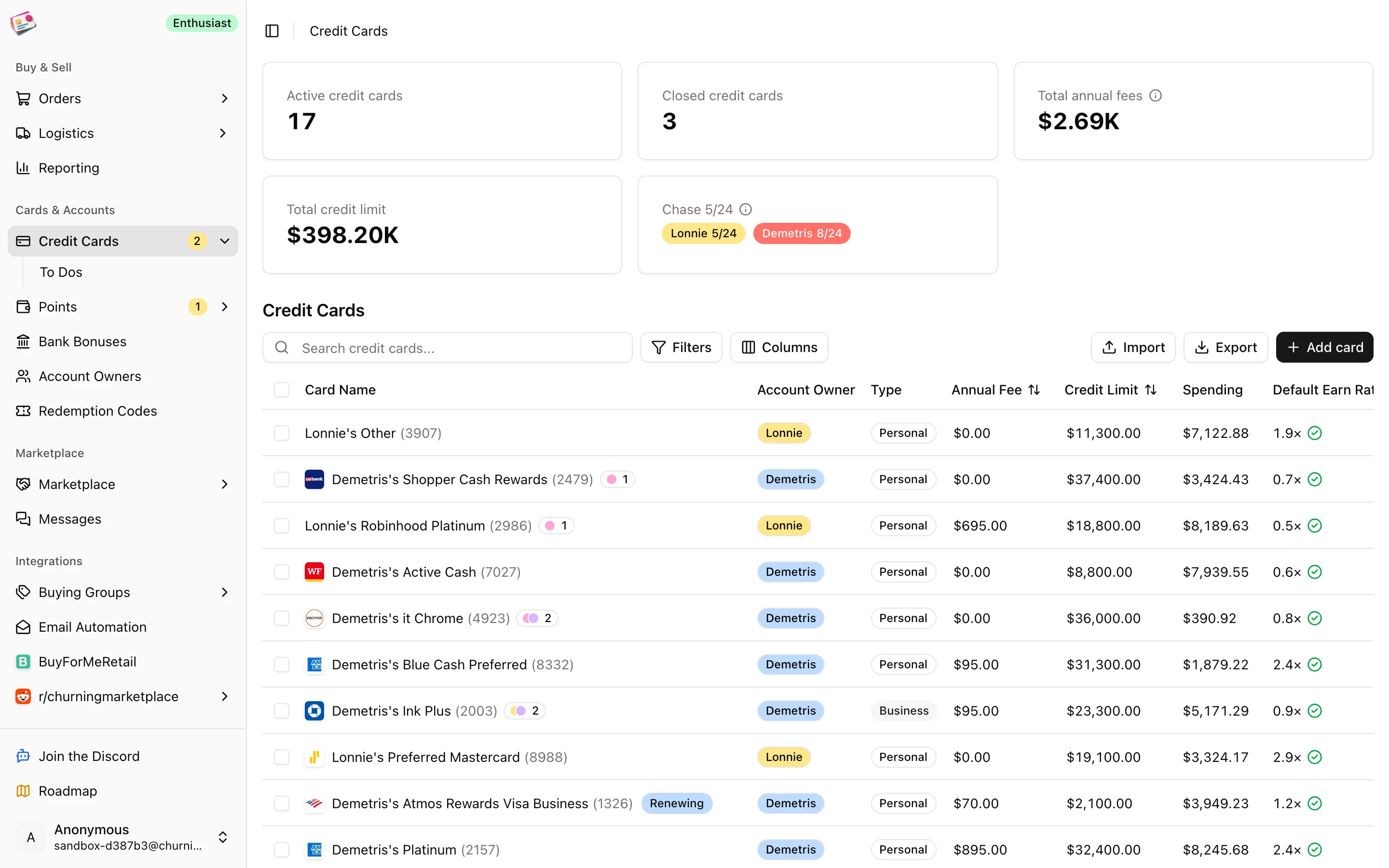 The Credit Cards page with summary tiles and the cards table